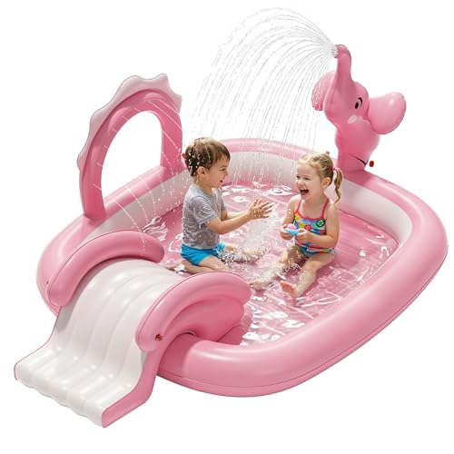 QPAU Elephant Kids Pool with Slide and Sprinkler, Inflatable Play Center with 4 Rings, 72 × 64 × 37 in, Fast Inflation Kiddie Pool for Garden & Backyard, Birthday Gift for Ages 1+ (Pink)