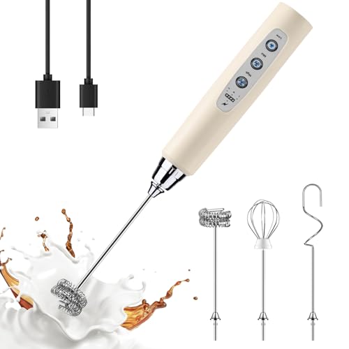 YUSWKO Beige Handheld Milk Frother Wand for Coffee, Rechargeable Electric Whisk with 3 Heads 3 Speeds Drink Mixer Coffee Frother For Latte, Cappuccino, Hot Chocolate, Egg