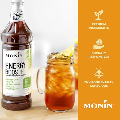 Monin - Energy Boost, Liquid Energy, Subtle Tea Flavor, Zero Added Sugar, Great for Coffee, Soda, & More, Low-Calorie, Contains Natural Caffeine, Gluten-Free, Clean Label (1 Liter + Pump)