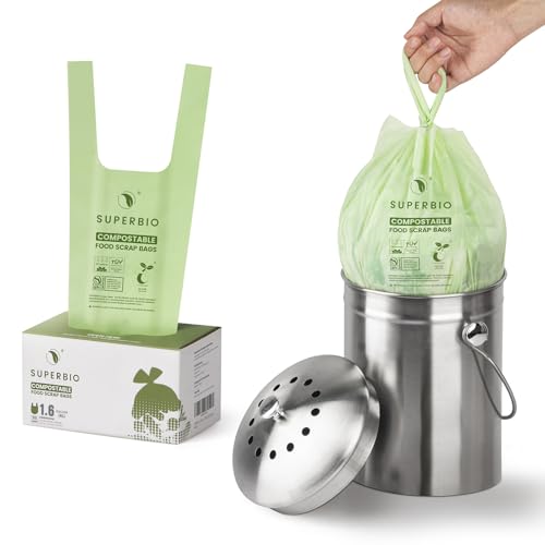 SUPERBIO 1.6 Gallon Handle Tie Compostable Food Scrap Bags For Counter Top Compost Bin, Small Compost Bags, 50 Count, 6 Liter, BPI & OK compost INDUSTRIAL Certified