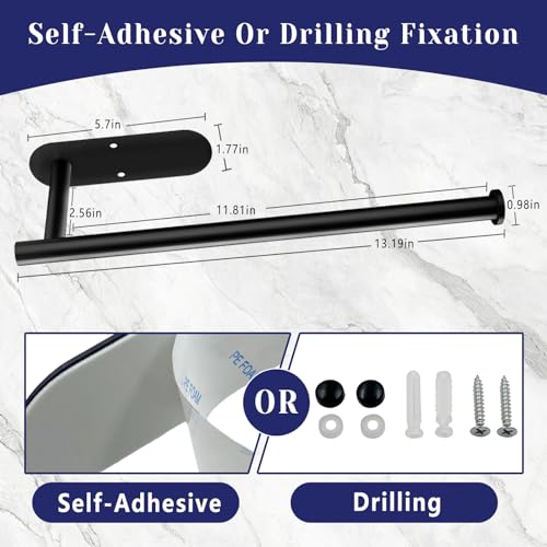 Paper Towel Holder, Self Adhesive or Drilling Paper Towel Holder Under Cabinet, Stainless Steel Black Paper Towel Holders Wall Mount for Kitchen, Bathroom, Sink, Pantry, Fridge