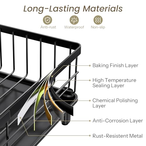 SNTD Dish Drying Rack - Small Dish Rack for Kitchen Counter, Stainless Steel Dish Drainer with Utensil Holder and Drainboard, 11" W x 15" L (Black)