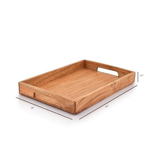 Samhita Acacia Wood Serving Tray with Handles,Wooden Tray, Snack Tray, Breakfast Tray, Great for, Breakfast, Coffee Tables, Homes, Restaurant|Size- 15" x 10" x 1.6"