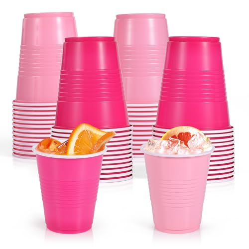 [50 Pcs] Pink Disposable Plastic Drinking Cups - 12 OZ Party Cups Bulk for Bachelorette, Two Pink Birthday Party Decorations