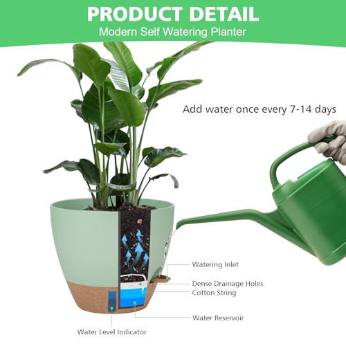 12" 10" 9" 8" Self Watering Pots with Water Level Indicator, Large Plastic Planters Set with Mesh Drainage Hole and Removable Saucer Reservoir, Big Flower Pot for Indoor Outdoor Plants (Green)