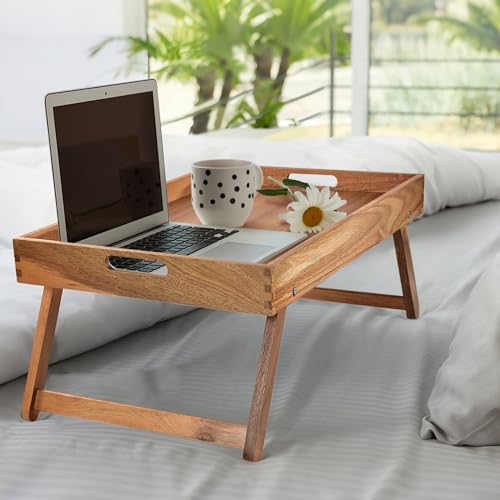 Extra Large Folding Bed Tray Table, 22’’ x 14’’ Acacia Wood Breakfast Tray, Food Serving Tray with Legs for Eating in Bed