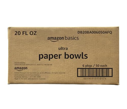 Basics Ultra Disposable Paper Bowls, 20 Oz, Microwave Safe, Soak Proof, Strong & Sturdy, White, 300 Count (6 Packs of 50)