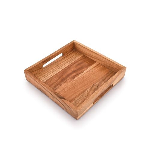 Samhita Acacia Wood Serving Tray with Handles,Wooden Serving Tray, Snack Tray, Breakfast Tray, Great for, Breakfast, Coffee |Size- 10" x 10" x 1.75"