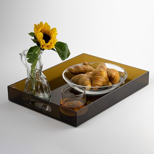 ATZYmolin 16"x12" Large Acrylic Serving Tray Decorative Ottoman Coffee Table Vanity Tray Tea Fruit Platter Snack Appetizer Dessert Drink with Handles for Bar Kitchen Party, Amber