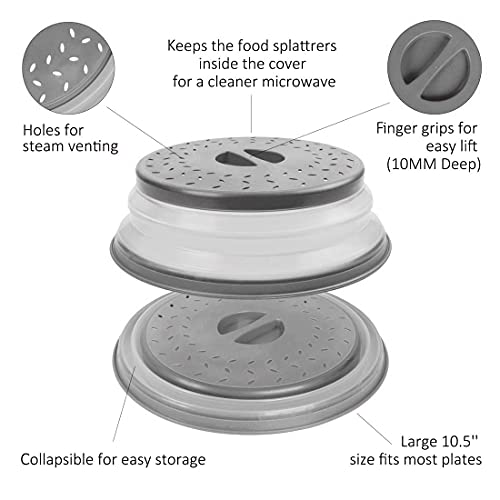 Microwave Splatter Cover Collapsible Microwave Cover for Food, Easy Grip Fruit Drainer BPA-Free Dishwasher Safe 10.5 inch,Grey
