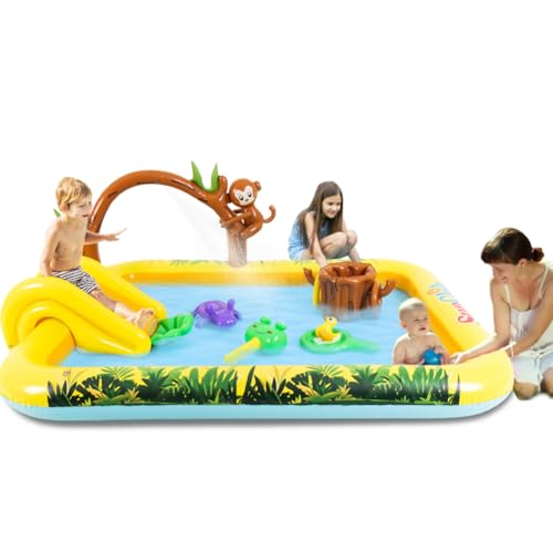 Inflatable Jungle Animal Play Center Outdoor Playhouse Inflatable Water Park with Kid Pool Slide, Sprinkler Toy with Base Pool, Monkey, Tree Stump for Garden Backyard