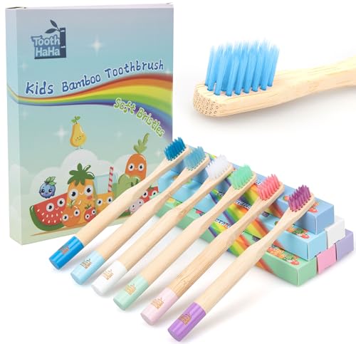 Kids Bamboo Toothbrushes, BPA-Free Soft Bristles, Eco-Friendly Natural Wooden Toddler Toothbrush, 6-Pack Travel Toothbrushes Set for Children