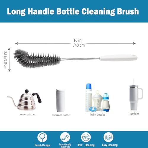 16 inches Long Handle Black Bottle Cleaning Brushes - Perfect for Baby Bottles, Sports Bottles, Glassware, Mugs, Jars, and Stemware (1-pc)