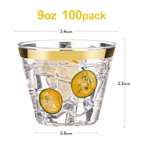 Bestluck 100 Pack 9 oz Gold Plastic Cups, Clear Disposable Cups with Gold Rim, Plastic Cocktail Glasses for Party & Graduation & Wedding
