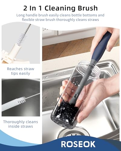 2 in 1 Long Handle Bottle Brush with Straw Brush for Cleaning Glass, Sports Bottle, Coffee Mug, Gray, 1 Pack