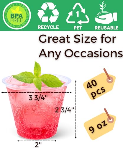 Aatriet 40 Pack 9 oz Clear Plastic Cups, 9oz Clear Disposable Punch Cups Wine Glasses, Sturdy Recylable Small Drinking Cup for Wedding Party, Cocktail Cup, Plastic Tumblers for Cold Drinks