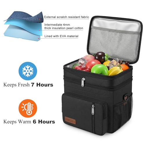 MIYCOO Lunch Bag & Lunch Box for Men Women, Double Deck Leakproof Insulated Soft Large Adult Camping Cooler bag for Work, Beach, Picnic, Travel (Black, 15L)