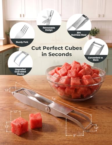 CripsTaste Watermelon Cutter with Retractable Fork, 2-in-1 Stainless Steel Fruit Cutter Watermelon Cutter Slicer Tool, Melon Slicer Cutter Tool for Home Party Camping Kitchen Gadget