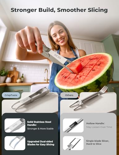 CripsTaste Watermelon Cutter with Retractable Fork, 2-in-1 Stainless Steel Fruit Cutter Watermelon Cutter Slicer Tool, Melon Slicer Cutter Tool for Home Party Camping Kitchen Gadget