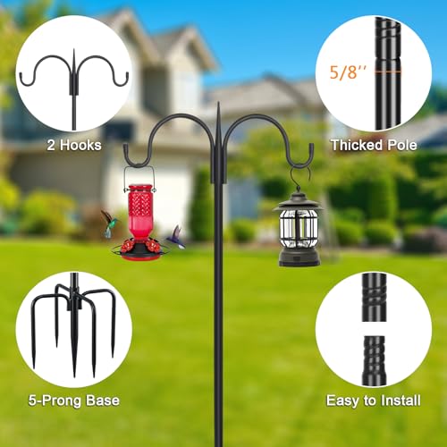 FEED GARDEN Heavy Duty Shepherds Hook 76" Double Hooks Adjustable (44/60/76") - Alloy Steel 5-Prong Base, 17lb Capacity - Easy Assembly Bird Feeder Pole for Hanging Planters, Lanterns, Wind Chimes