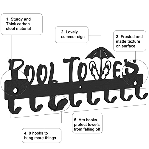 IBosins Pool Towel Rack with 8 Hooks, Towel Holder Wall Mounted for Outdoor or Bathroom, Towel Hanger for Hanging Bathrobes, Towels, Clothes - Perfect Pool Area Outside Sign and Decor (Black)