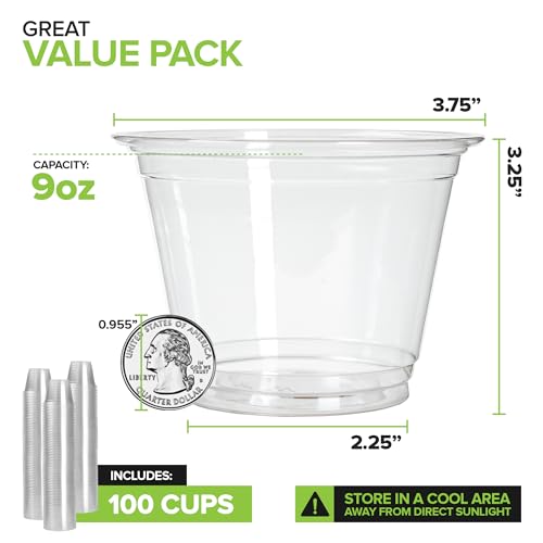 Stock Your Home Commercially Compostable Cups, 9oz (100 pack) Clear Plastic Cold Cups, Disposable Cups for Parties & Everyday Use