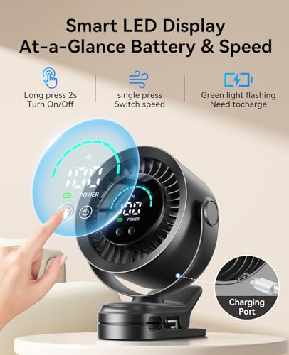 KIMMOO Portable Clip on Fan, 100-Speed Rechargeable USB Fan with LED Display, 360° Rotation & Strong Airflow Desk Fan, Up to 17 Hours Small Battery Fan for Outdoor Travel Camping Treadmill Car (Black)