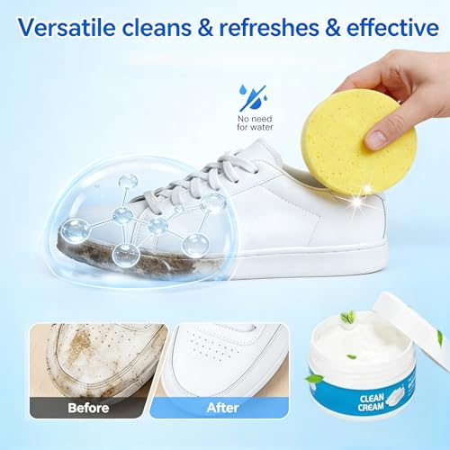 White Shoe Cleaning Cream, 2PCS Shoe Cleaner,Multipurpose No-Wash Solid Comes with Sponge Deep Cleaning, Shoes Clean Cream