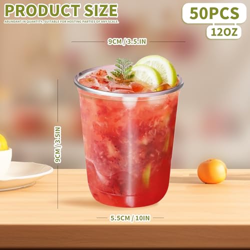 50 PCs Cute Pink Plastic Juice Cups,Disposable Round Bottom Plastic Cups,Stemless Wine Glasses for Cocktail,Cold Drinks,Boba Tea,Smoothie,Baby Shower,Pink Party Supplies (12 Oz)