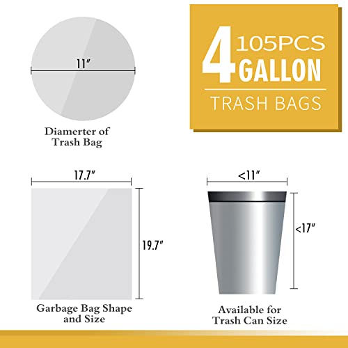 105 Count Small Trash Bags, 4 Gallon Garbage Can Liners - Unscented Wastebasket Clear Trash Bags for Bathroom, Kitchen, Bedroom, Cleaning Supplies (15 Liter)