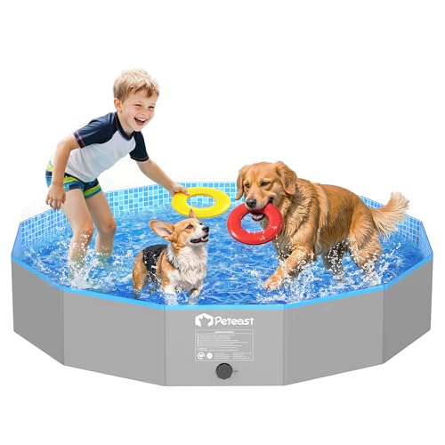 Peteast Foldable Dog Pool with Sturdy Round Design, Extra Large Portable Pet Bathtub, Durable 64" Diameter Portable Design for Backyard & Indoor Use (Includes 2 Flying Disks)