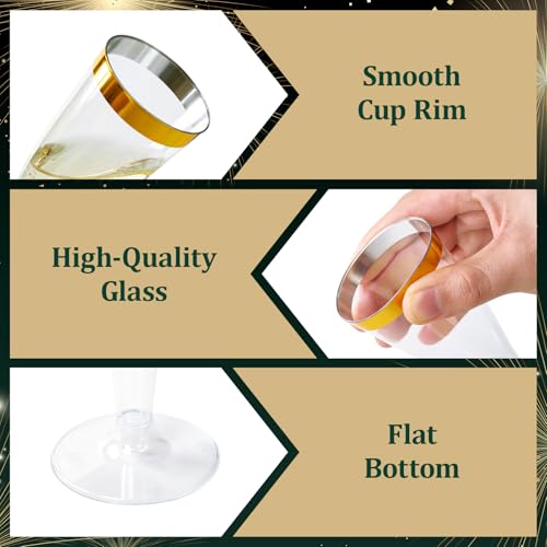 FOCUSLINE 100 Pack Plastic Champagne Flutes, 4.5 Oz Gold Rim Plastic Champagne Glasses, Disposable Clear Toasting Glasses Recyclable Champagne Cups for Wedding Party