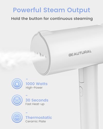 BEAUTURAL Steamer for Clothes, Portable Garment Wrinkle Remover, Fast 30s Heat-up, Foldable and Handheld, 120V Only (Not for 220V Europe), White