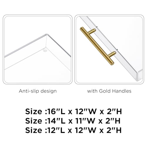 12"x16" Clear Acrylic Serving Tray with Golden Handles, Sturdy Huge Capacity Acrylic Tray for Coffee, Juice, Kitchen and Desk Organizer, Storage Tray (12"x16")