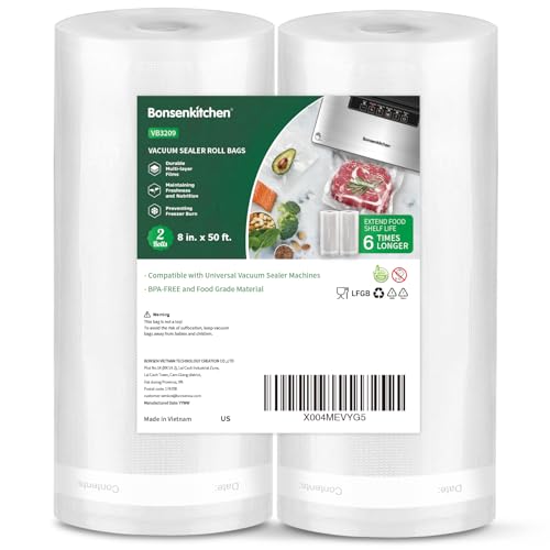 Bonsenkitchen Vacuum Sealer Bags, 8" x 50' Rolls 2 pack for Food Storage Saver, Bpa Free, Heavy Duty, Commercial Grade Textured Food Roll, Customized Size Bag for Sous Vide Cooking,VB3209