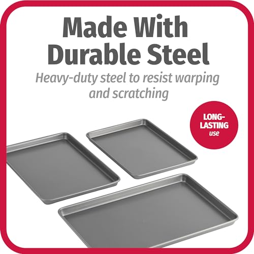 GoodCook Everyday Nonstick Baking Sheet Set, 3 Pack Includes One Small, Medium & Large Pan Carbon Steel Construction Cookie Sheet Bakeware Set, Gray