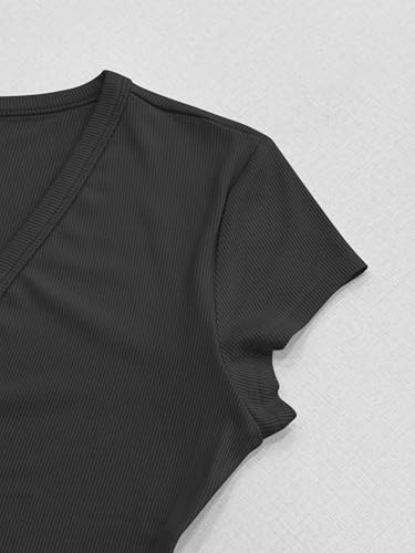 Albe Rita Women Short Sleeve T-Shirt Cap V Neck Shirts for Women Ribbed Casual Top Knit Slim Fit for Summer