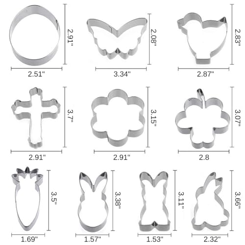 Easter Cookie Cutter Set - 10 pieces - Easter Bunny, Egg, Chick, Carrot, Rabbit, Bunny Face, Holy Cross, Leaf, Flower, Butterfly Shapes - Stainless Steel Biscuit Molds for Spring Holiday Baking