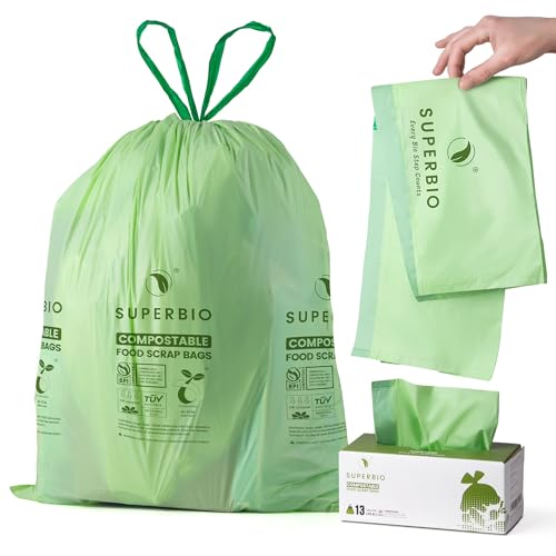SUPERBIO 13 Gallon Compostable Drawstring Kitchen Waste Bag, 49.2 Liter, 30 Count,1 Mil, Heavy Duty Food Scrap Bags, BPI, Seedling and OK compost INDUSTRIAL