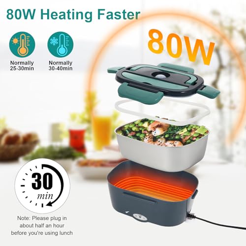 Electric Lunch Box Food Heater, 80W Portable Warmer for Car Truck Work with 304 Stainless Steel Container, 12V/24V/110V Green Heated Lunch Box Suitable for Ideal Driver/Work/Gift