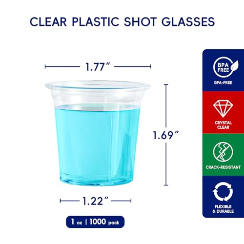 JOLLY CHEF 1000 Pack Plastic Shot Glasses, 1 oz Clear Disposable Jelly Cups Reusable Perfect for Wine Tasting, Whiskey, Food Samples, Halloween, Thanksgiving Party, Wedding, Christmas