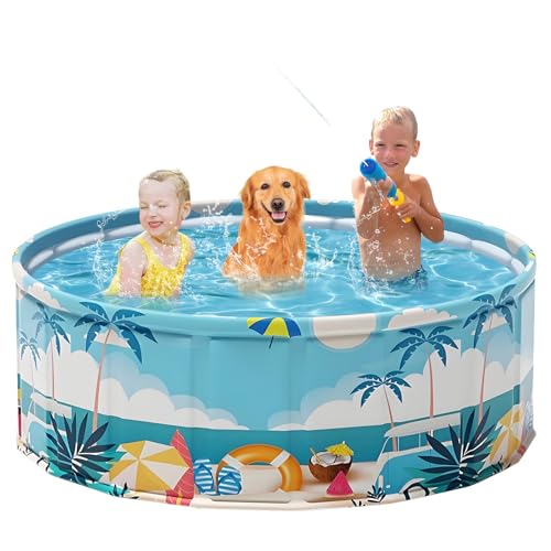 Foldable Swimming Pool for Kids 62.9"x17.7" Hard Plastic Portable Dog Pool Anti-Slip Collapsible Pets Bathtub Kiddie Pool Indoor Outdoor Backyard (Beach Party 63'')