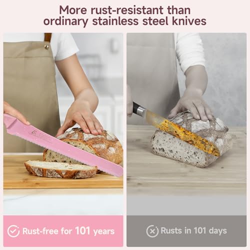 CoquusAid Upgrade Bread Knife for Homemade Bread, World‘s 1st Double Serrated Knife for Crusty Sourdough, 11.6 Inch Stainless Steel Bread Slicer, Professional Sourdough Cutter, Ideal for Gift, Pink