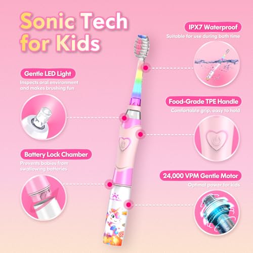 Kids Electric Toothbrush Toddler Toothbrush Age 2-4-8-12 Electric Toothbrush Kids with Timer Rainbow LED Light Up Vibrating Toothbrush Battery Operated Childrens Girls Sonic Tooth Brush (Pink Unicorn)