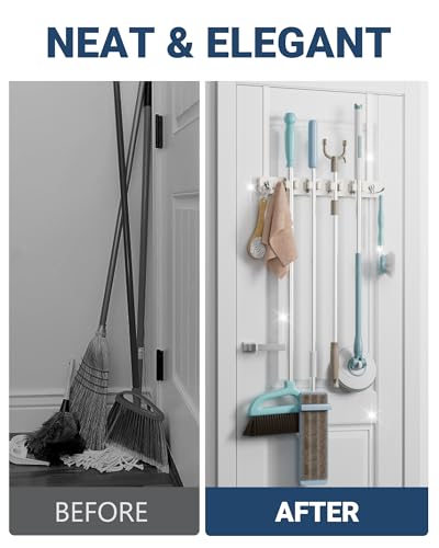 Lorbro Broom Holder Door Mount, Wood Over the Door Broom and Mop Holder