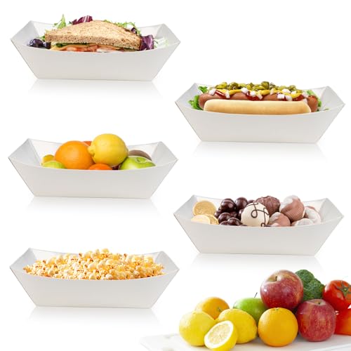 Oomcu 100 Pack 3 lb Heavy Duty Disposable Kraft White Paper Food Trays,Take Out Food Serving Boats Baskets Trays for Party Snacks French Fries Nachos Hot Dogs Tacos BBQ