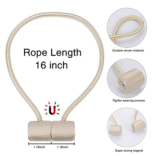2pcs Magnetic Curtain Tiebacks, Strong Magnetic Window Curtain Tiebacks Decorative Rope Holdbacks Drapery Curtain Tie Backs for Window Draperies Hold Curtains Drape Ties Backs (Beige, 2 Pack)