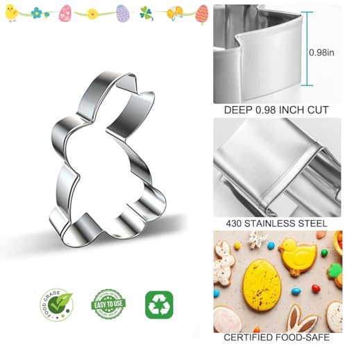 Easter Cookie Cutters Large Set of 6 - Egg, Chick, Carrot, Rabbit, Bunny Face, Butterfly Shapes - Stainless Steel Biscuit Molds for Spring Holiday Baking