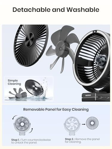 Warmco 15000mAh Portable Clip on Fan Rechargeable, 8 Inch Battery Powered Desk Fan, LED Lantern & Hook, 360° Rotate & 4 Speeds Strong Airflow for Camping Tent Office Outdoor Travel Golf Cart