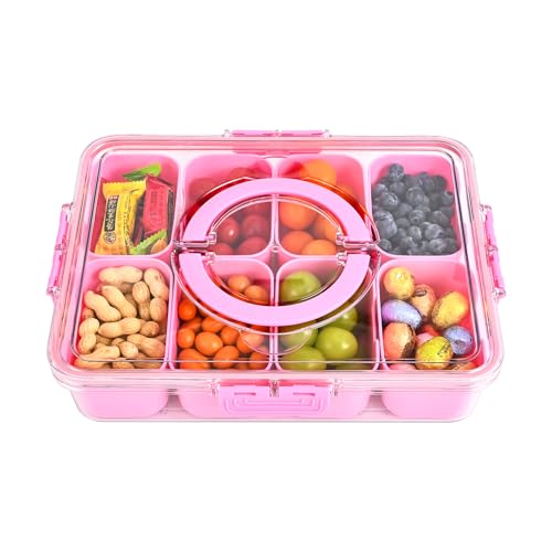 Snackle Box Container, 8 Compartment Divided Serving Tray with Lid and Handle, Snack Box Container for Candy, Fruit and Snacks, Great for Gatherings, Outings, Parties and Entertaining（Pink）